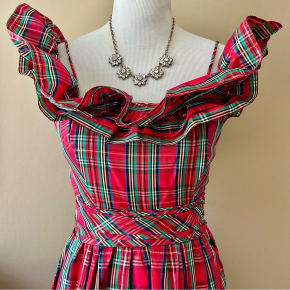 Vintage 1970s Red Royal Stewart Tartan Plaid Ruffle Off Shoulder Maxi Dress XS - Picture 5 of 16